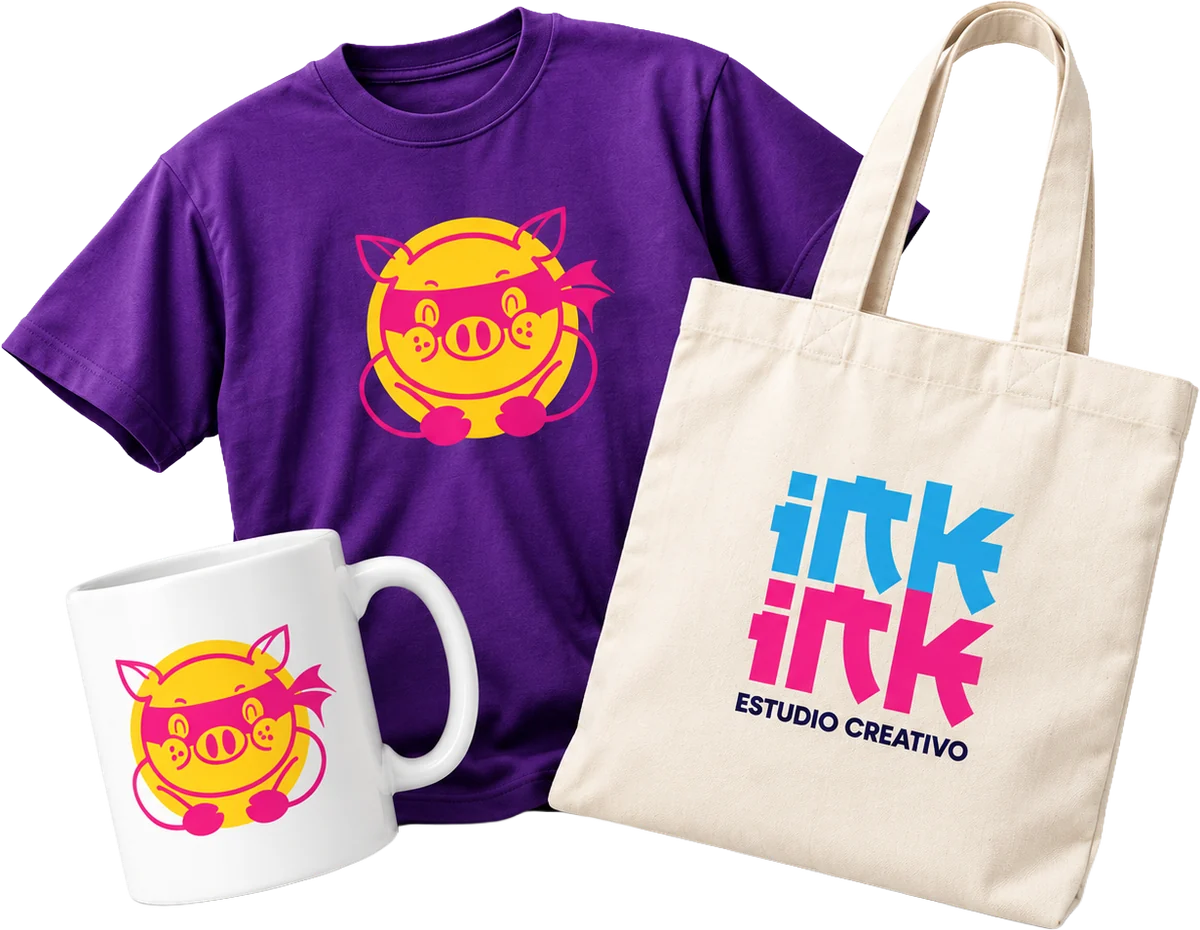 Playera morada, taza y bolsa de lona personalizadas con la identidad de Inkink