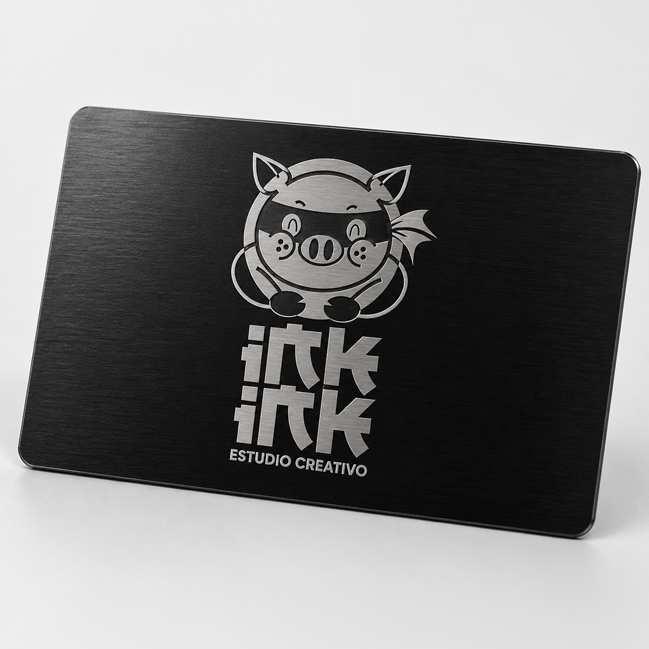 Tarjeta metálica negra con el logo de Inkink grabado en plata
